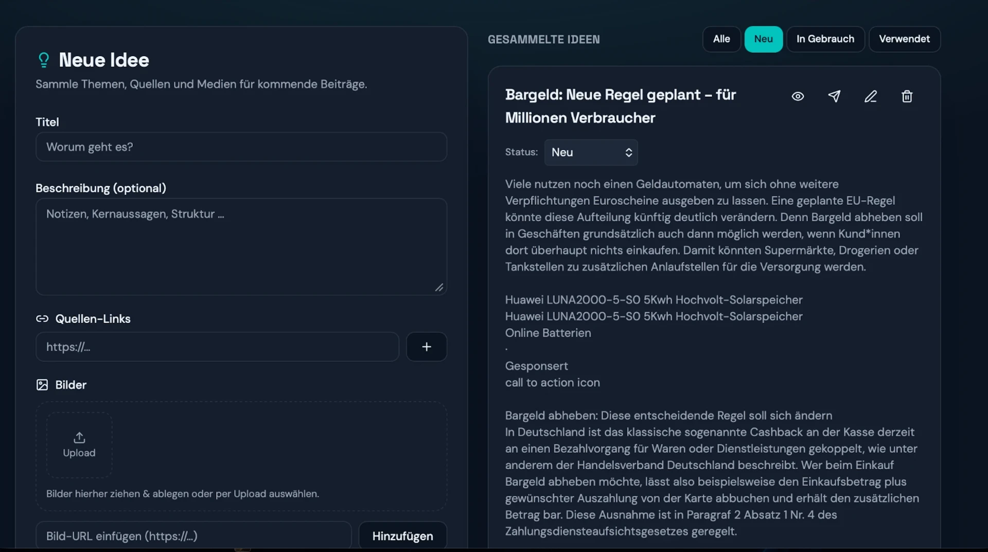 PostPilot-Ideensammlung mit Themen, Notizen und Links